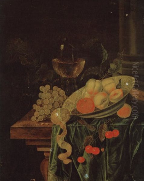 Stilleben Mit Weintrauben, Einer Zitrone Sowie Anderen Fruchten In Einer Porzellanschale Und Einem Gefullten Weinglas Oil Painting by Isaac Denies