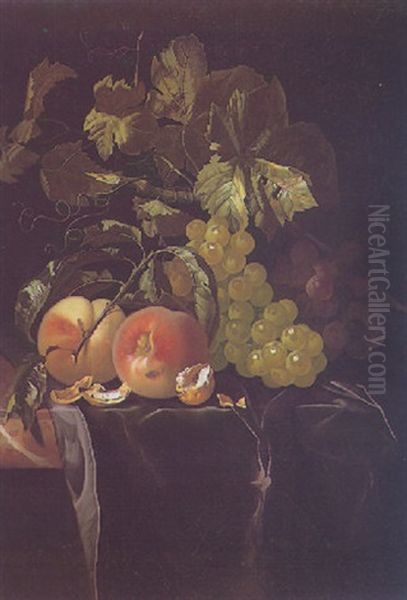 Still Life Of Grapes And Peaches, With Walnuts Upon A Marble Ledge Partly Draped With A Purple Cloth Oil Painting by Isaac Denies