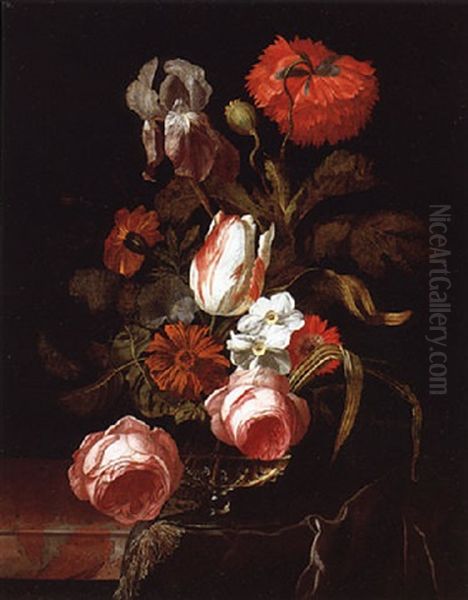 A Tulip, Roses, An Iris, A Peony And Other Flowers In A Glass Vase On A Partially Draped Stone Ledge Oil Painting by Isaac Denies