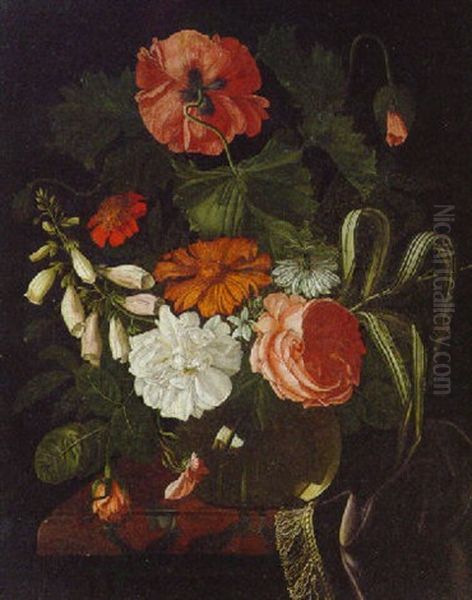 Foxgloves, Roses, A Poppy And A Marigold In A Glass Vase On A Partially Draped Marble Ledge Oil Painting by Isaac Denies