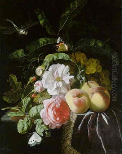 Flowers And Fruit On A Draped Ledge With A Dragonfly, Butterflies And A Snail Oil Painting by Isaac Denies