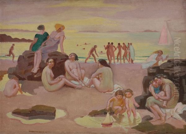 Plage Au Bateau Rose Ou Plage A La Mer Jaune Oil Painting by Maurice Denis