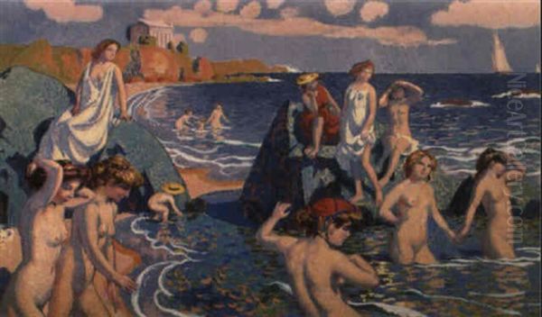 La Plage Au Petit Temple Oil Painting by Maurice Denis