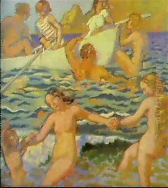 Plage Au Canot, Circa 1920 Oil Painting by Maurice Denis