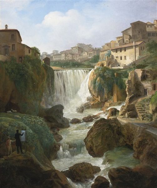 A View Of The Cascades At Tivoli With An Artist Sketching And Other Figures Oil Painting by Simon-Joseph-Alexandre Clement Denis