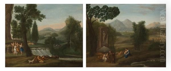 Paysage Avec La Fuite En Egypte (+ Scene Mythologique Dans Un Paysage De Cascade; Pair) Oil Painting by Simon-Joseph-Alexandre Clement Denis