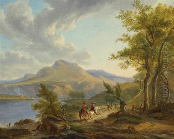 Riders In A Mountainous Landscape Passing A Lake, Said To Be A View Of Lake Albano Oil Painting by Simon-Joseph-Alexandre Clement Denis