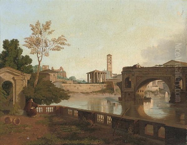 A View Of Rome With The Ponte Rotto And The Temple Of Vesta Oil Painting by Simon-Joseph-Alexandre Clement Denis