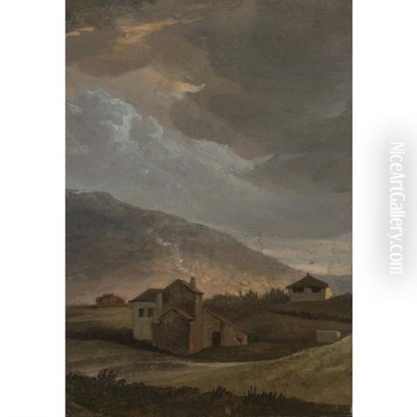 Rural Houses At Sunset On The Outskirts Of Rome Oil Painting by Simon-Joseph-Alexandre Clement Denis