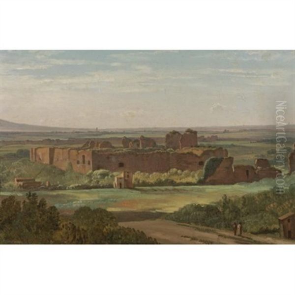 A View Of The Baths Of Caracalla, Rome, With Two Figures In The Foreground Oil Painting by Simon-Joseph-Alexandre Clement Denis