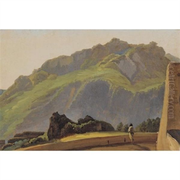 A View Of Mount Epemeo At Ischia, A Figure On A Terrace In The Foreground Oil Painting by Simon-Joseph-Alexandre Clement Denis