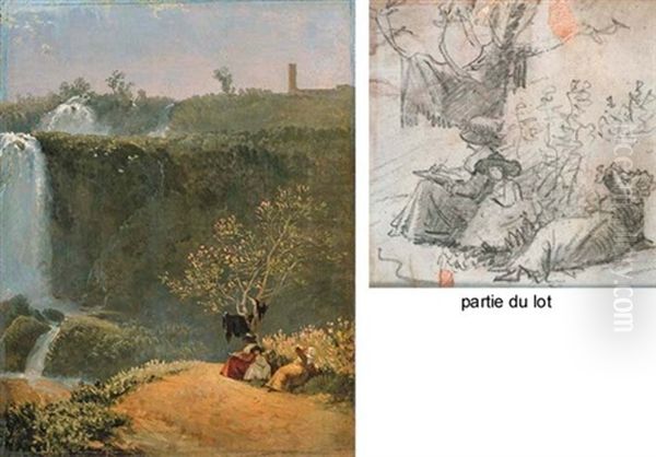 Elisabeth Louise Vigee-lebrun Dessinant La Cascade De Tivoli En Compagnie De Sa Fille Julie Et D'une Gouvernante (+ A Chalk Study Of The Same; 2 Works) Oil Painting by Simon-Joseph-Alexandre Clement Denis