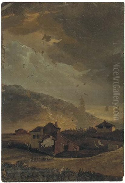 Des Maisons Dans Un Paysage A Rome Sous Un Ciel Nuageux Oil Painting by Simon-Joseph-Alexandre Clement Denis