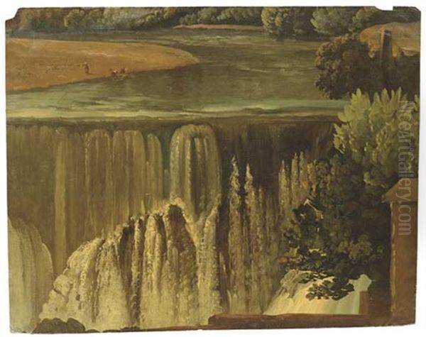 Une Partie De La Cascade De Tivoli Avec Des Lavandieres Dans Le Fond, Une Maison Au Premier Plan Oil Painting by Simon-Joseph-Alexandre Clement Denis