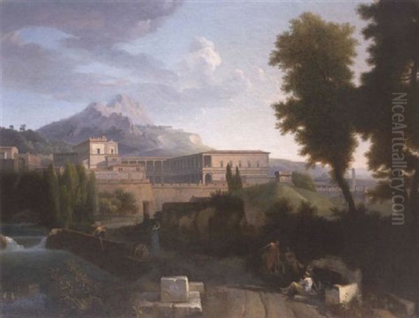 An Arcadian Landscape With Figures Before A Walled Town Oil Painting by Simon-Joseph-Alexandre Clement Denis