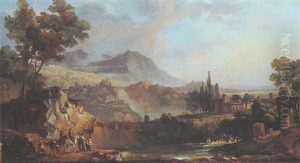 Paysage De La Campagne Italienne Avec Des Personnages Pres D'un Plan D'eau Oil Painting by Simon-Joseph-Alexandre Clement Denis