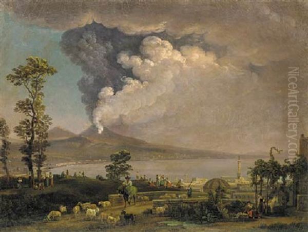 A View Of The Bay Of Naples And Mount Vesuvius Erupting, With Peasants In The Foreground Oil Painting by Simon-Joseph-Alexandre Clement Denis