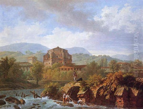 Paysage Classique Anime De Pecheurs Lancant Leur Filet Dans La Riviere Oil Painting by Simon-Joseph-Alexandre Clement Denis