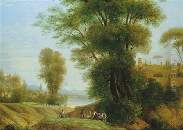 Paysage De La Campagne Romaine Avec Un Palais Pres D'un Lac Anime De Bergers Oil Painting by Simon-Joseph-Alexandre Clement Denis