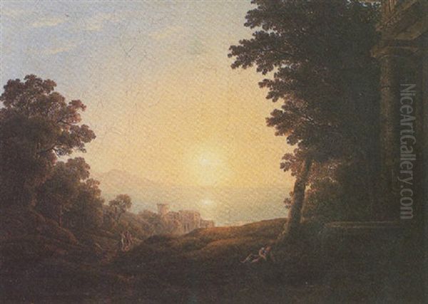 A View Of A Bay At Sunset, With A Figure Resting Before A Fountain And Other Figures Walking Towards A Castle Beyond Oil Painting by Simon-Joseph-Alexandre Clement Denis