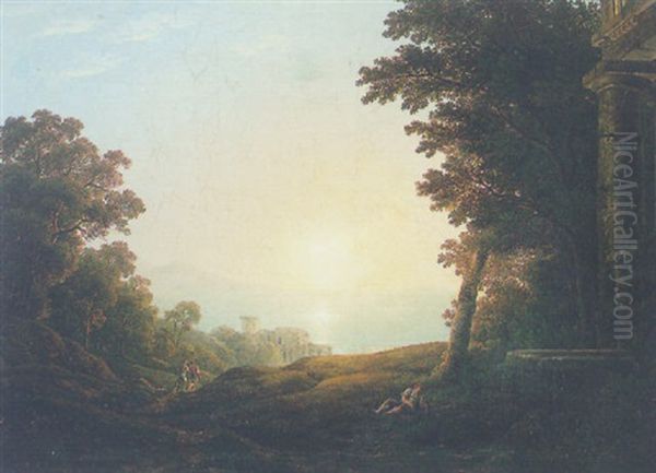 View Of A Bay At Sunset, A Figure Resting Before A Fountain, Travellers Walking Towards A Castle On The Sea Front Beyond Oil Painting by Simon-Joseph-Alexandre Clement Denis