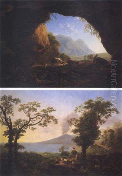 Shepherds In A Landscape With A View Of The Bay Of Naples Oil Painting by Simon-Joseph-Alexandre Clement Denis