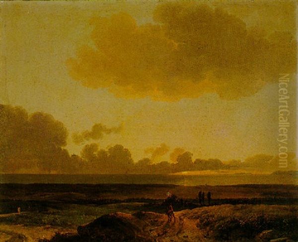 A Coastal Landscape At Sunset With A Rider And Dog In The Foreground Oil Painting by Simon-Joseph-Alexandre Clement Denis