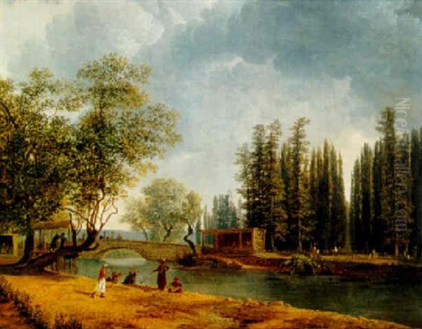 A Turkish Landscape With Figures Smoking On The Banks Of A River Oil Painting by Simon-Joseph-Alexandre Clement Denis