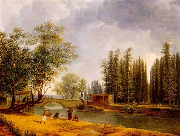 Turkish Landscape With Figures Gathered And Smoking On The Banks Of A River Oil Painting by Simon-Joseph-Alexandre Clement Denis