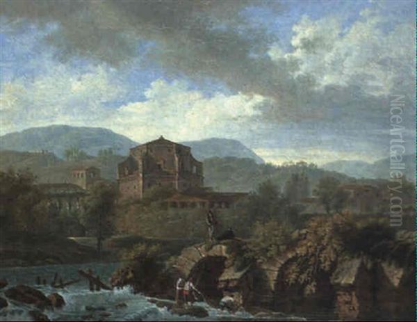 Paysage Classique Anime De Pecheurs Lancant Leurs Filets Dans La Riviere Oil Painting by Simon-Joseph-Alexandre Clement Denis