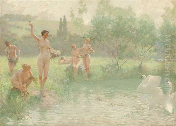 Nymphs And Swans From The Prothalamion Of Edmund Spenser Oil Painting by Herbert Denman