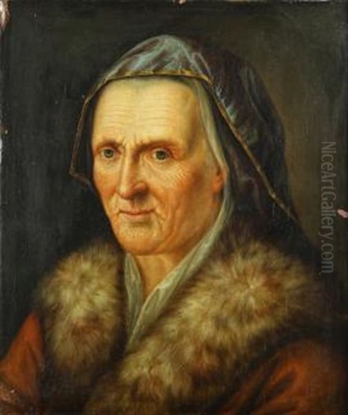 Portrait Of Woman Wearing A Fur Collared Coat Oil Painting by Balthazar Denner