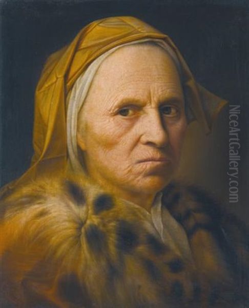 Portrait Of An Old Lady Wearing A Fur Trimmed Coat Oil Painting by Balthazar Denner