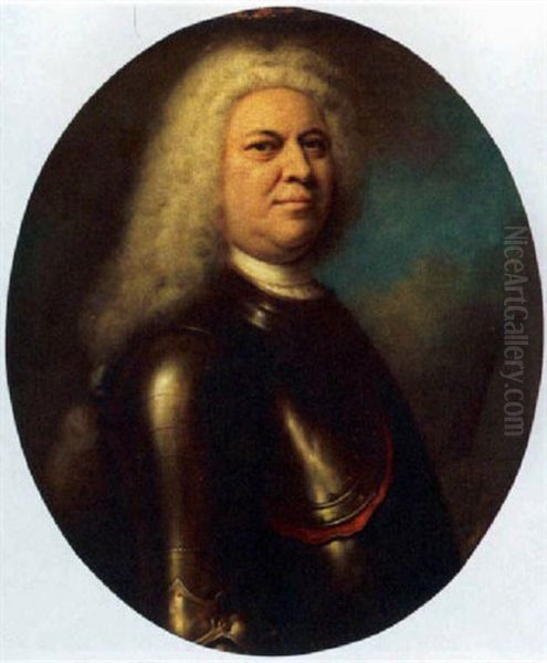 A Portrait Of A Nobleman, Standing, Wearing Armour And A Wig (baron Van Der Mesch?) Oil Painting by Balthazar Denner