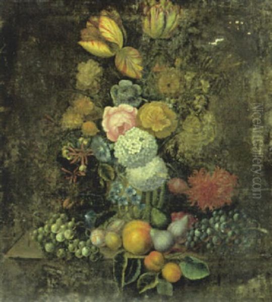 Stilleben Mit Blumen In Steinvase Und Fruchten Oil Painting by Balthazar Denner