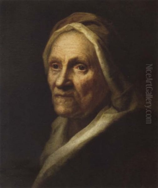 An Old Woman In A Fur-lined Red Coat And White Cap Oil Painting by Balthazar Denner