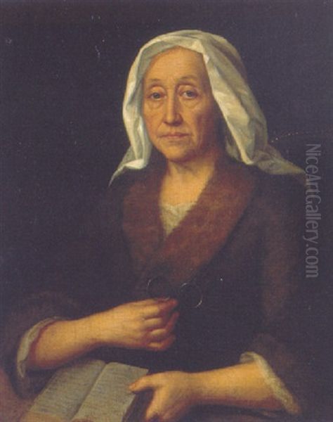 An Elderly Woman In A Fur-lined Brown Dress With Lace Chemise And A Veil, Holding A Pair Of Spectacles And A Book Oil Painting by Balthazar Denner