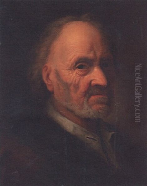 Portrait Of An Old Man, Head And Shoulders, In A White Shirt With A Fur-trimmed Jacket Oil Painting by Balthazar Denner