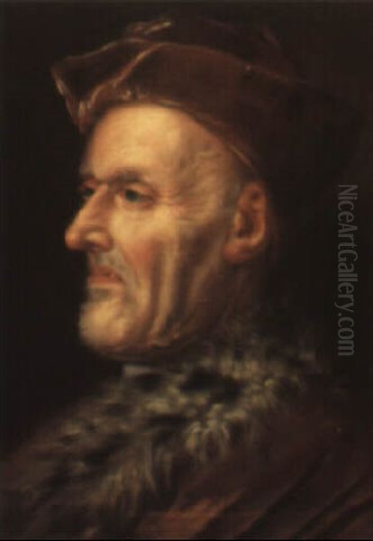 Portrait Of A Bearded Old Man Wearing A Brown Hat And Fur-trimmed Coat Oil Painting by Balthazar Denner