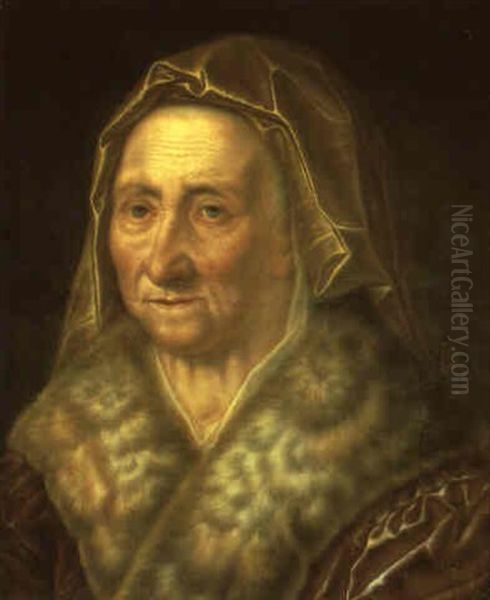 Portrait Of An Old Lady Wearing A Purple Velvet Coat Oil Painting by Balthazar Denner