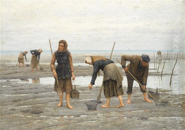 Clam Gatherers Oil Painting by Jules Denneulin