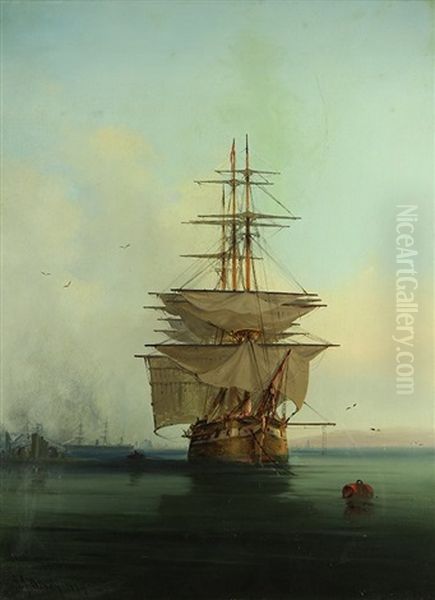 Ship In The Bay Harbor Oil Painting by Gideon Jacques Denny