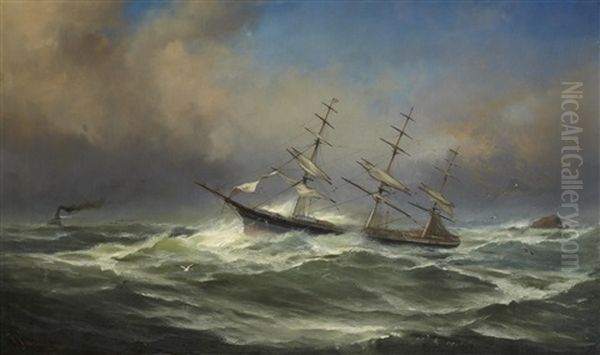 Three Masted Clipper In Rough Seas With Tug In The Distance Oil Painting by Gideon Jacques Denny