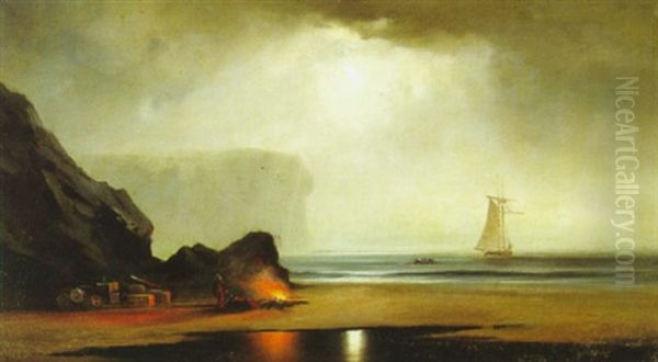 Smugglers Cove In Moonlight Oil Painting by Gideon Jacques Denny