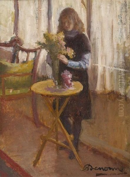 Jeune Fille Au Bouquet De Fleurs Oil Painting by Alexandre Denonne