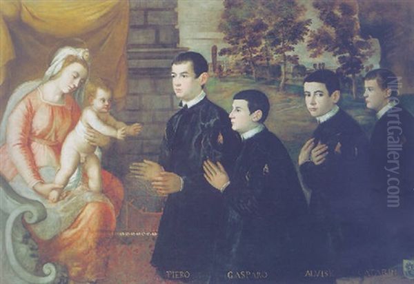 La Madonna Col Bambino E Quattro Ritratti Su Uno Sfondo Di Paesaggio Oil Painting by Girolamo Dente