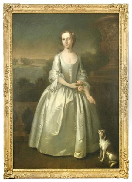 Portrait Of A Lady With Her Small Dog By A Loch Oil Painting by William Denune