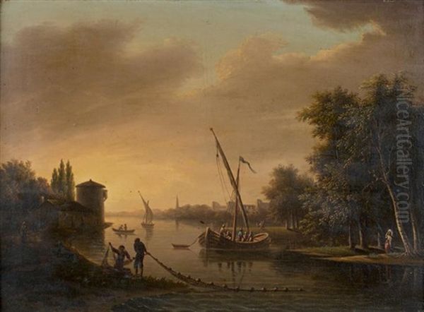 Pecheurs Et Navires Dans Un Estuaire Oil Painting by Jean-Baptiste Deperthes