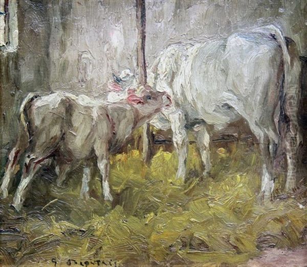 Stalla Con Mucca E Vitellino Oil Painting by Giovanni Depetris