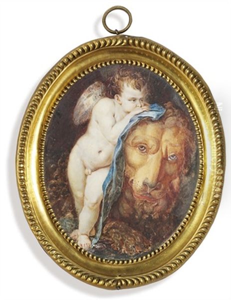 Cupid And The Lion, Cupid Holding A Blue Silk Blindfold Resting On The Tamed Lion... Oil Painting by Christopher Deram